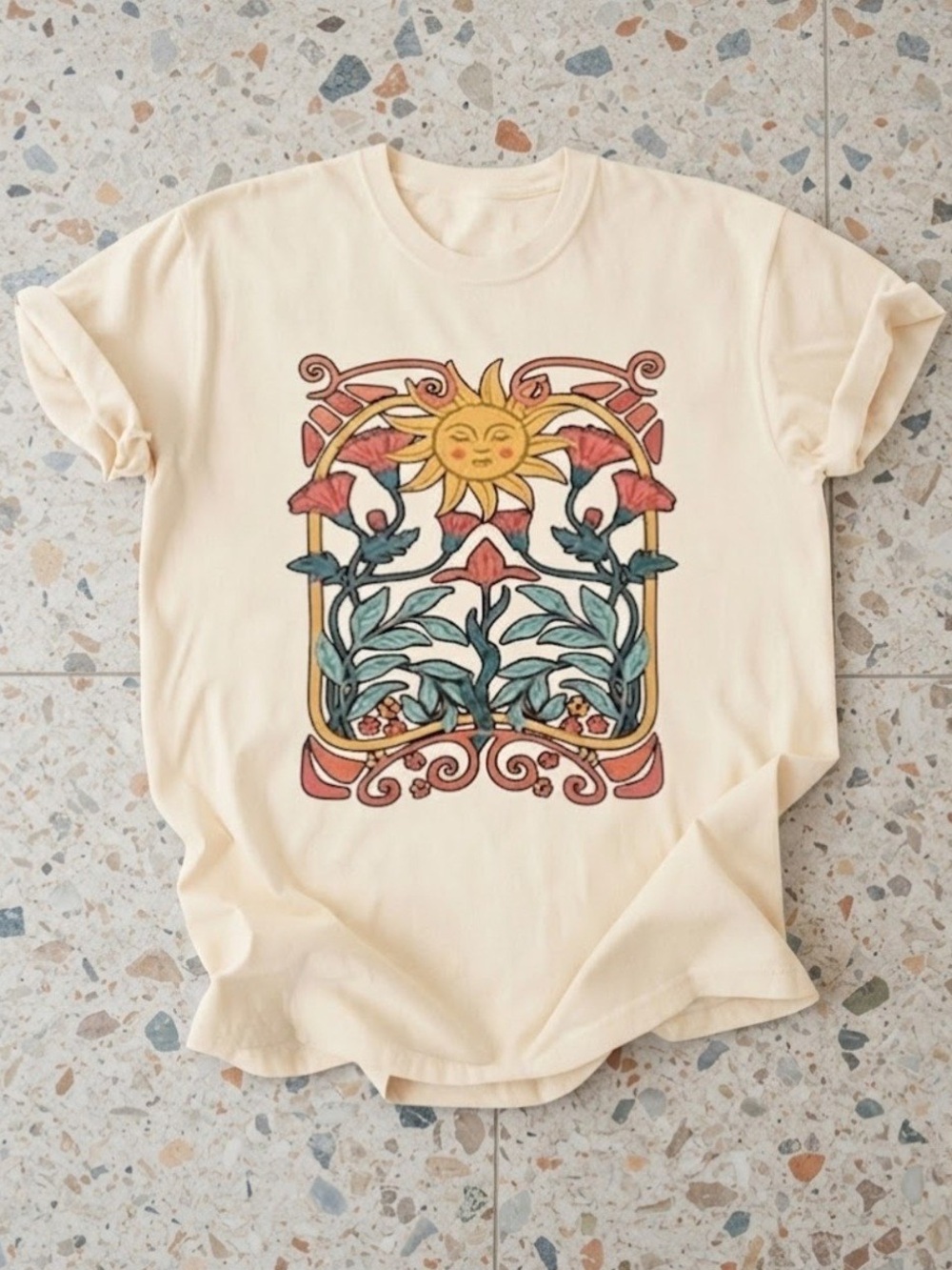 Sun Celestial Floral Boho Art Cotton Gildan T-Shirt